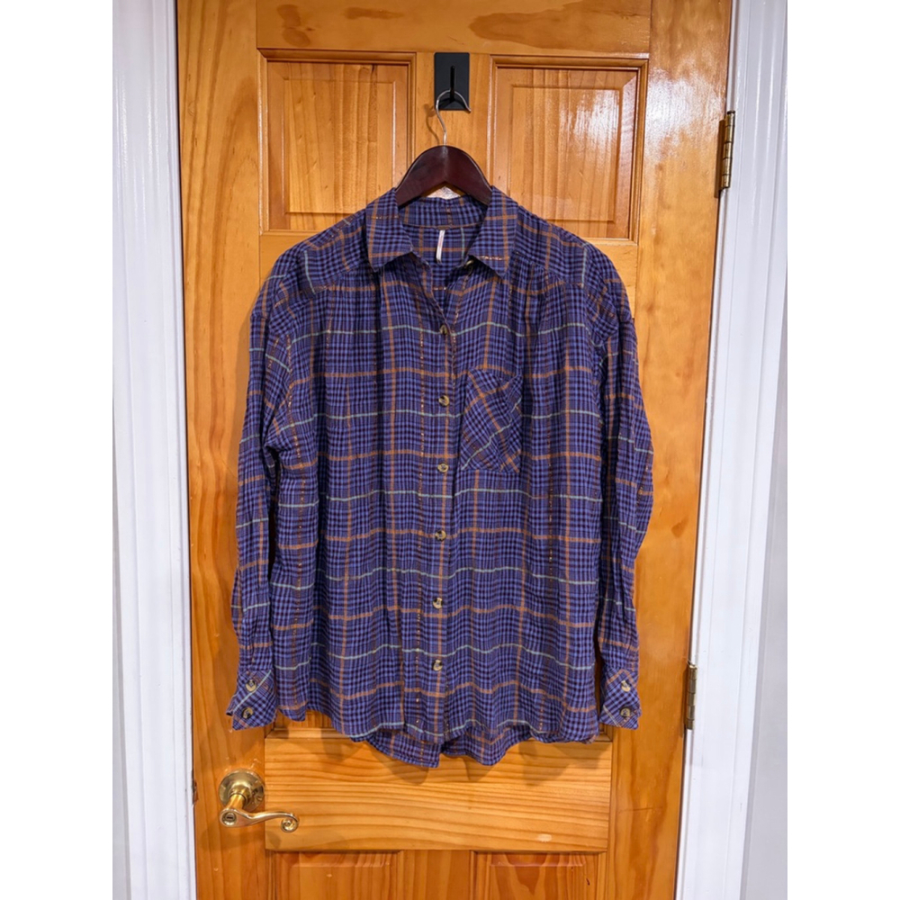 Free People Metallic Plaid Gauze Button Down Shirt Purple Orange Check Boho Fall